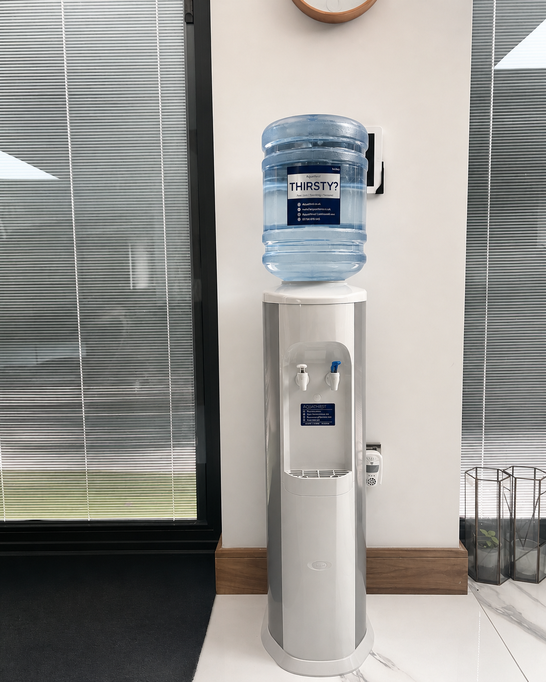 A premium workplace refreshment station with coffee and water side by side